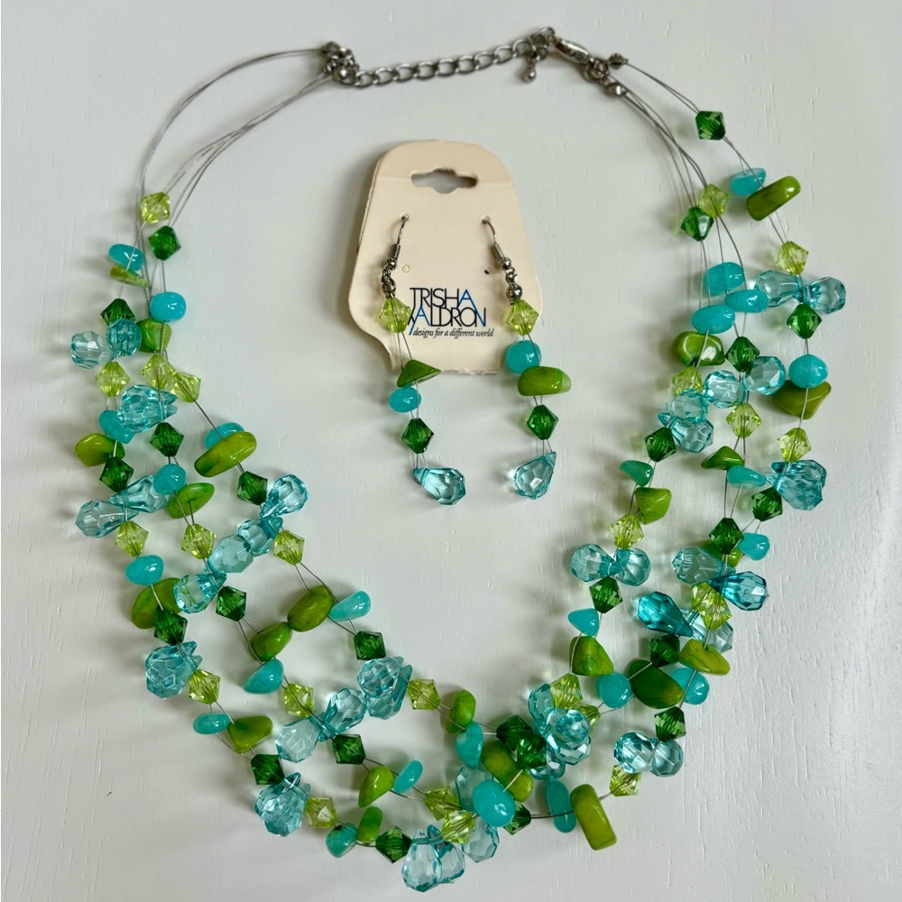 Trisha Waldron Blue and Green Beaded Necklace and Earring Set
